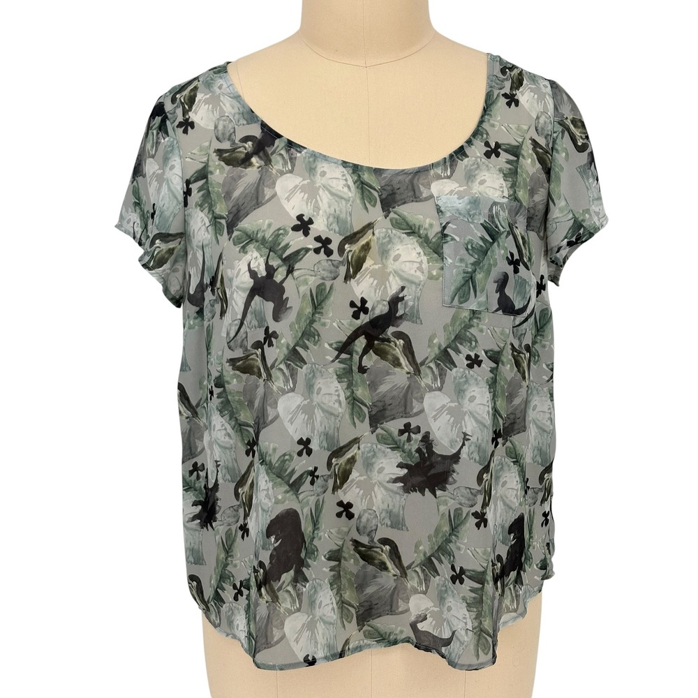 Jurassic Park Blouse Gray Green Tropical Dinosaur Print Button Back Size 1